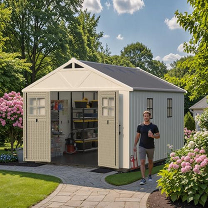 10x12 FT Resin Outdoor Storage Shed with Floor and Skylight