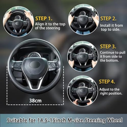 Black Steering Wheel Cover with Coasters Leather Universal 15 inch