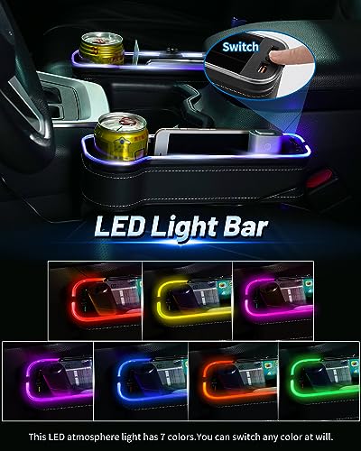 RGB Color Changing LED Car Seat Gap Filler Organizer Console Side Seat Gap Storage Box with Cup Holders and USB Chargers for Car Interior Accessories (2 Count)