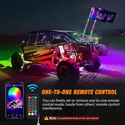 2PCS 4FT RGB LED Whip Light and 4 PCS Rock Lights Combo Kit