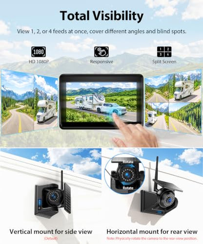 3 Wireless Backup Camera Solar Magentic Cameras with 7" DVR 1080P Touchscreen Monitor