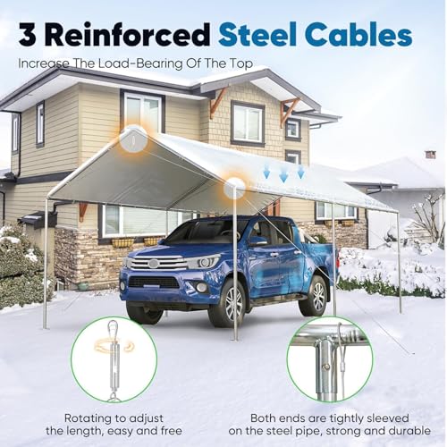 10x20 ft Heavy Duty Car Canopy Galvanized Frame Carport Outdoor Party Tent Boat Shelter with 3 Reinforced Steel Cables (200 Sq Ft)
