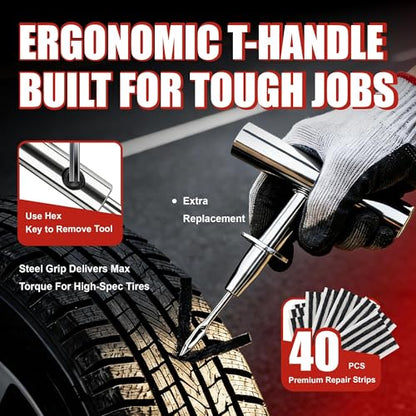 68-Piece All-in-One Heavy Duty Tire Plug Kit – Professional Tire Repair Set, T-Handle Tools, Valve Kit, 40 Plugs, Pliers, Knife – Universal for Car
