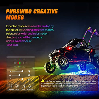 2PCS 3FT RGB LED Whip Light and 4 PCS Rock Lights Combo Kit