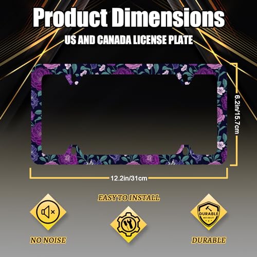 Stainless Steel Purple Floral Flowers License Plate Frame 12.3 x 6.3 Inch