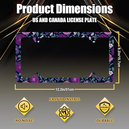 Stainless Steel Purple Floral Flowers License Plate Frame 12.3 x 6.3 Inch