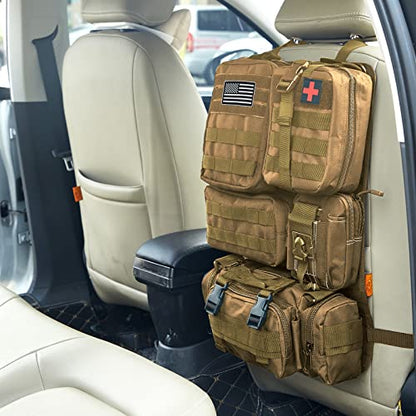 Universal Tactical Car Seat Back Organizer Bag Tactical Molle Vehicle Organizers Panel Vehicle Protector Organizers with 5 Detachable Pouches for Car Truck Ford Jeep