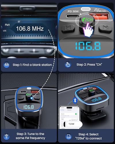 Bluetooth 5.4 FM Transmitter Car Adapter 48W PD Fast Charging