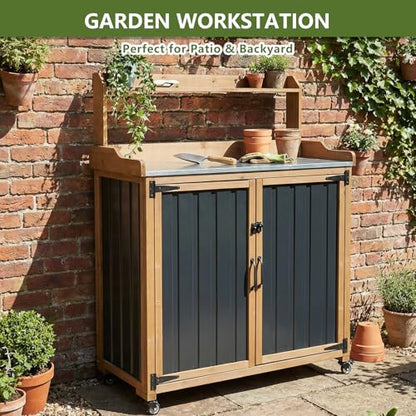 Rolling Potting Bench with Storage and Galvanized Metal Top