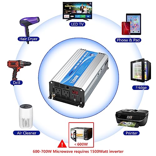 Power Inverter Pure Sine Wave 1200 Watt 12V Dc to 120V Lithium Battery Compatible with UL Fuses and USB