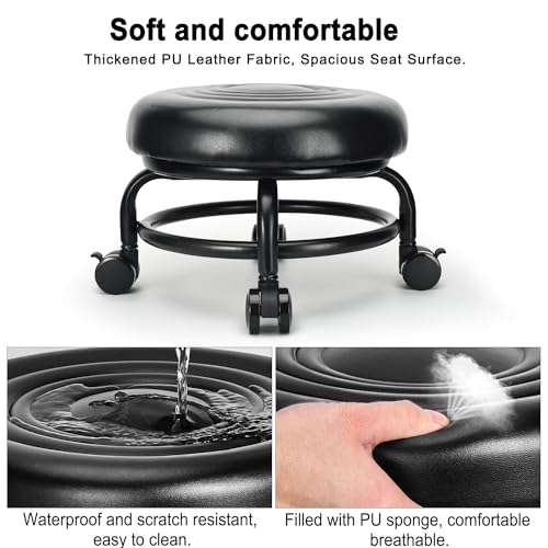 Low Height Rolling Stool Low Roller Stool PU Leather Comfortable Chair