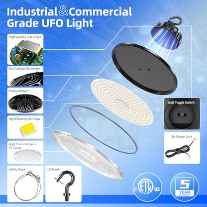 480V LED High Bay Light 300W 240W 200W Adjustable UFO Light 42000LM ETL Listed Dimmable High Bay LED Shop Lights 5000K Daylight IP65 Waterproof Commercial Bay Lighting for Warehouse Factory