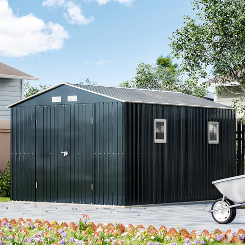 10x12X7.5FT Outdoor Steel Storage Shed with Lockable Doors and Frame Floor