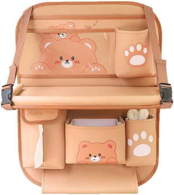 Car Organizer for Back Seat - Bear Design Storage Bag with Multi-Pockets, Kick Mat, Cup Holder, Trash Can, Table & Phone Holder | PU Leather, Waterproof, Easy Clean Car Accessories