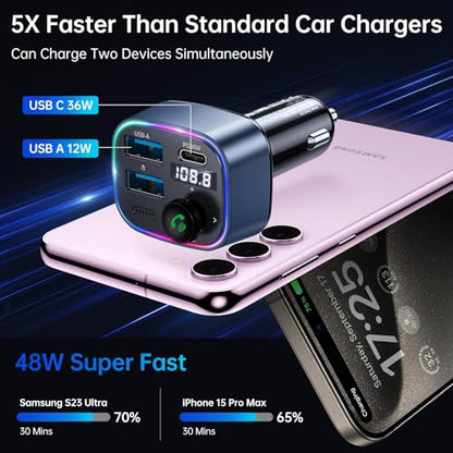 Bluetooth 5.4 FM Transmitter Car Adapter 48W
