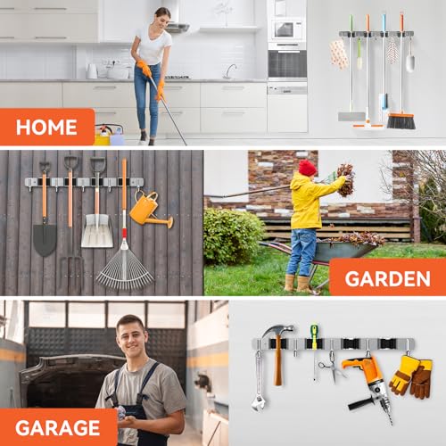 2 Pack Mop Broom Holder Wall Mount 4 Racks 5 Hooks Storage Silver (2 Count)
