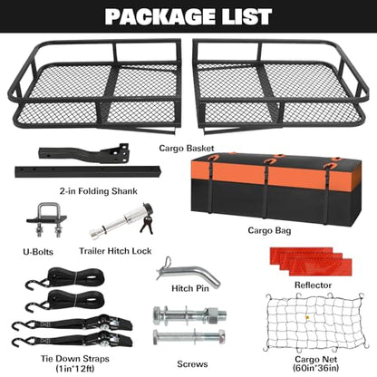 Folding Hitch Mount Cargo Carrier Basket 60" X 20" X 6"+ Waterproof Cargo Bag
