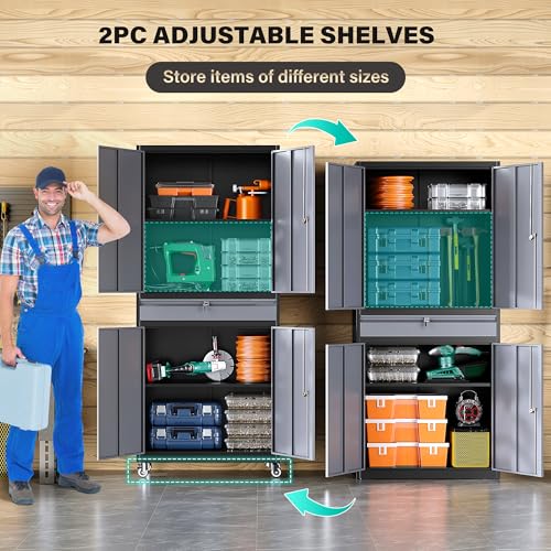 Metal Garage Storage Cabinet with Wheels and Drawer