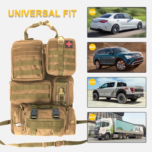 Universal Tactical Seat Back Organizer Vehicle Molle Panel Organizer Storage Bag with 5 Detachable Molle Pouch for All Vehicel Such as Jeep
