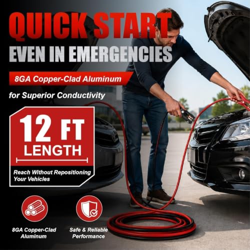 8 Gauge 12 Feet Jumper Cables for Car (12 Foot)