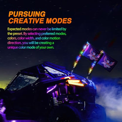 2PCS 2FT RGB LED Whip Light with Extra Stop Turn Reverse Lights