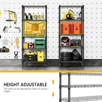 1250 lbs 5 Tier Shelf Metal Storage Shelves Wire Rack Closet Organizers for Garage Kitchen Bathroom Laundry Black 11.8" D x 23.6" W x 59.5" H (5 Count)