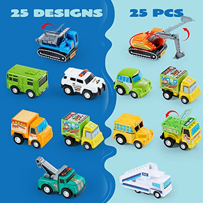 25 Pieces Pull Back Cars and Trucks Toy Vehicles Set for Kids
