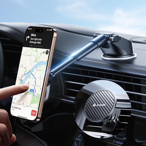 Military Grade】andobil 3 in1 Magnetic Phone Holder for Car Dashboard Windshield Vent 【Upgrade Suction & Strongest Magnet】Retractable for MagSafe Car Mount Mats for iPhone 17 16 15 14 Pro Max Sumsung
