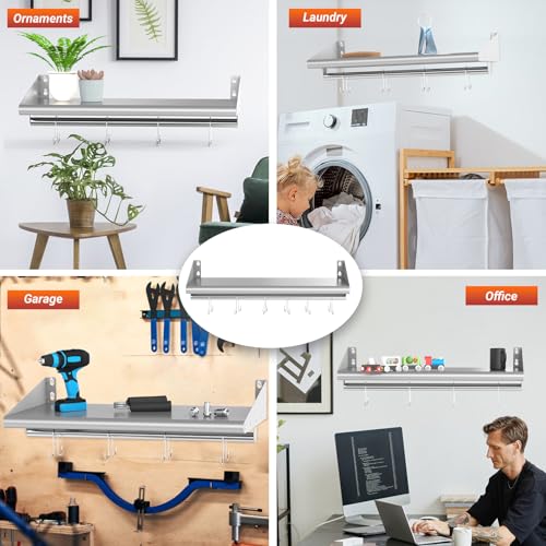 12"x36" Stainless Steel Wall Mount Floating Shelving with 6 Hooks