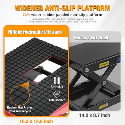 Motorcycle Lift Table Jack 300 LBS Heavy Duty Hydraulic Motorcycle Scissor Jack Lifts Table Foot Pedal with 4 Caster Wheels Wide Deck for Motorbike Dirt Bike ATV Garage Repair Tool