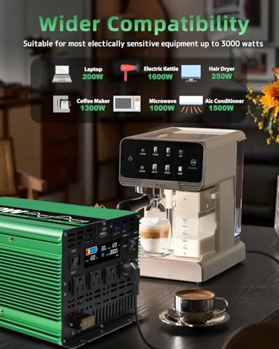 3000 Watt Pure Sine Power Inverter 12V to 110V 120V DC to AC Converter with 4 AC Outlets