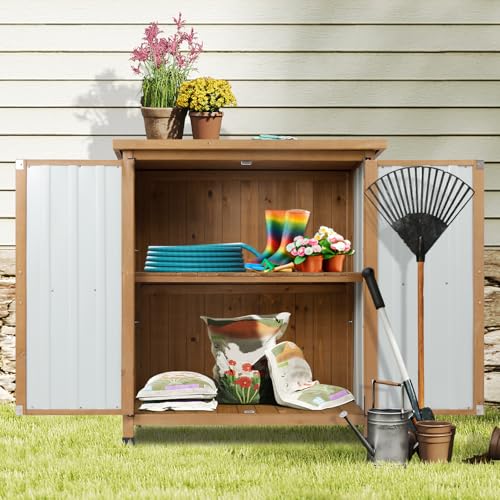 Wood & Metal Outdoor Storage Cabinet with Waterproof Roof
