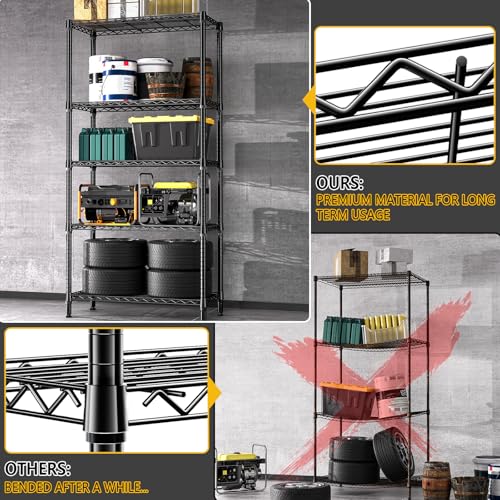 1250 lbs 5 Tier Shelf Metal Storage Shelves Shelving Wire Rack Heavy Duty Closet Organizers for Garage Kitchen Bathroom Laundry Black 15.7" D x 33.5" W x 68.5" H (5 Count)