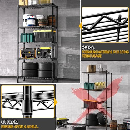 1250 lbs 5 Tier Shelf Metal Storage Shelves Shelving Wire Rack Heavy Duty Closet Organizers for Garage Kitchen Bathroom Laundry Black 15.7" D x 33.5" W x 68.5" H (5 Count)