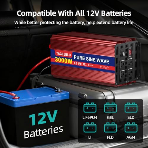 3000W Pure Sine Wave Power Inverter 12V DC to 110V 120V AC for Vehicles