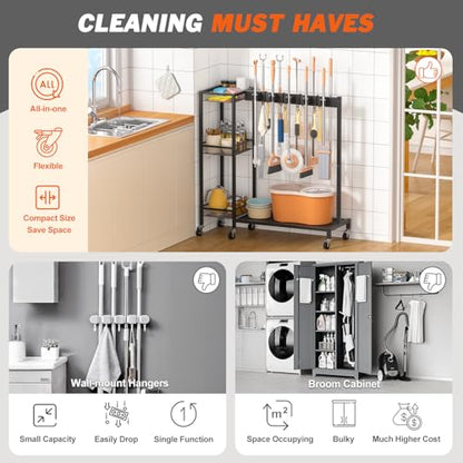 Broom Holder with Cleaning Supplies Organizer