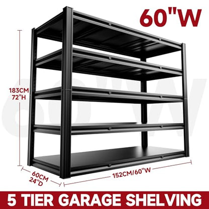 5 Tier 60" W x 24" D x 72" H Garage Shelving Units 3000LBS Shelves Garage Heavy Duty Metal Shelf Unit Adjustable Basement Industrial Storage Racks