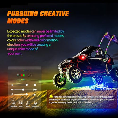 2PCS 3FT RGB LED Whip Light and 8 PCS Rock Lights Combo Kit