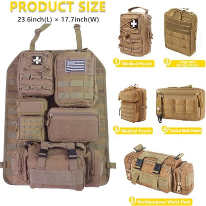 Universal Tactical Seat Back Organizer Vehicle Molle Panel Organizer Storage Bag with 5 Detachable Molle Pouch for All Vehicel Such as Jeep