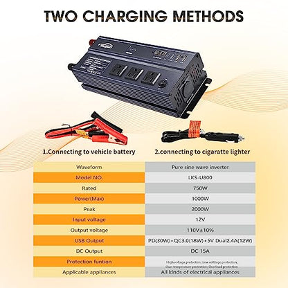 1000W Pure Sine Wave Power Inverter12V DC to 120V AC Converter