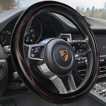 Top Grade Black Genuine Leather Steering Wheel Cover Women Men