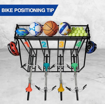 4-Bike Stand, Bike Storage Rack, Bicycle Floor Rack for Garage Organizer, Indoor Sporting Gear Storage Station