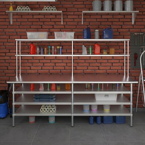 30" x 96" Stainless Steel Work Table with 3 Shelves and 12" Wide Double Tier Overshelf