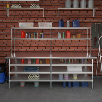 30" x 96" Stainless Steel Work Table with 3 Shelves and 12" Wide Double Tier Overshelf
