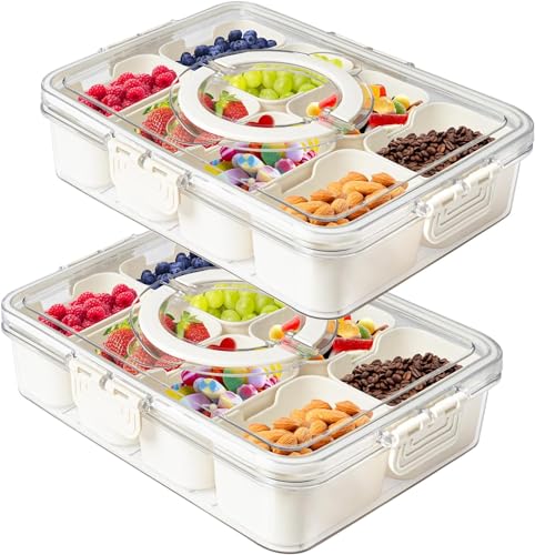 2Pack Divided Veggie Tray with Lid and Handle 8 Compartment Serving Tray with Dividers Portable Travel Snack Containers Stackable Snackle Box Charcuterie Container for Fruit (2 Count)