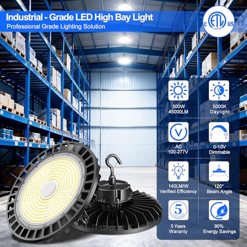 10 Pack 500W LED High Bay Light 70000LM ETL Listed Industrial Grade UFO Light Dimmable IP65 Waterproof 5000K Commercial Bay Lighting for Warehouse Garage Factory 110V 120V (9 Count)