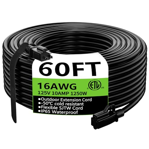 Indoor Outdoor Black Extension Cord 60 FT Waterproof 16