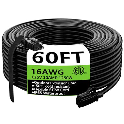 Indoor Outdoor Black Extension Cord 60 FT Waterproof 16