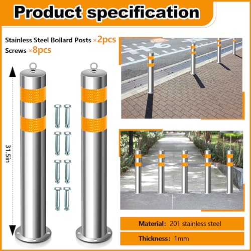 31.5 Inch Stainless Steel Bollard Post with Anchor Bolts Parking Barrier Block Safety Bollard Covers with Reflective Strips and Hanging Ring for Parking Lots Driveways Garage Pathways