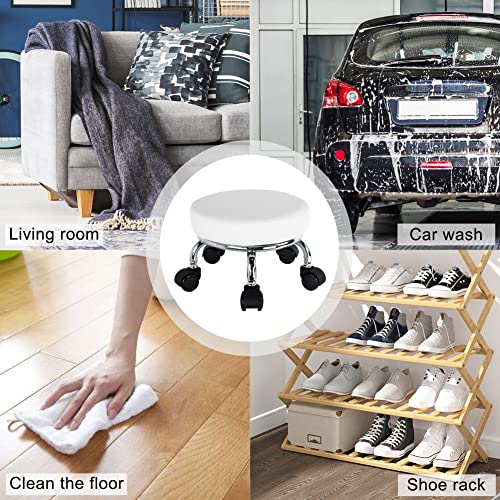 Modern Roller Seat PU Leather Low Round Rolling Stool 360° Swivel Small Seat with Universal Wheels Foot Stool for Home Office Garage Shop Fitness Sport H：8.6" （White）